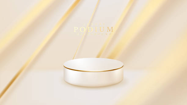 istock White product podium and golden blur lines, luxury background, 3d realistic scene. vector illustration. 1342631381