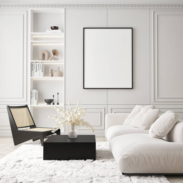 istock mock up poster frame in modern interior background, scandinavian style, 3D render 1342632413