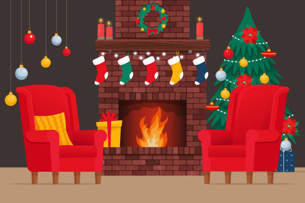 stockillustraties, clipart, cartoons en iconen met brick classic fireplace with socks, christmas tree, candle, balls, gifts and wreath. cozy interior with fireplace and armchairs. ?hristmas, new year holiday. vector illustration in flat style - fireplace