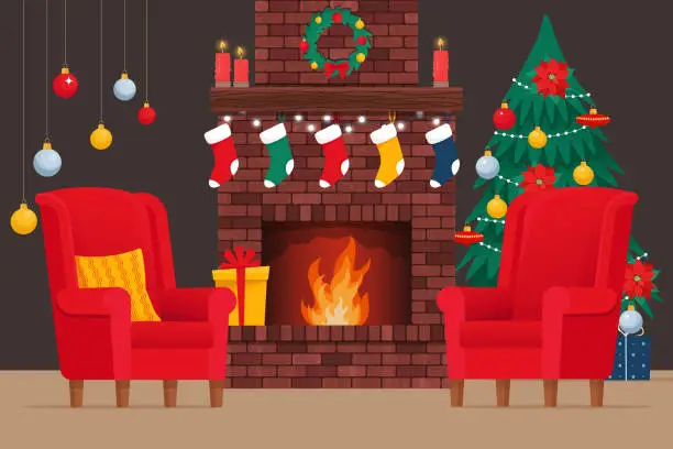 Vector illustration of Brick classic fireplace with socks, christmas tree, candle, balls, gifts and wreath. Cozy interior with fireplace and armchairs. ?hristmas, New Year holiday. Vector illustration in flat style