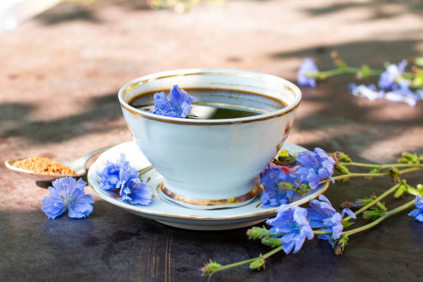 Diet drink chicory in a cup - coffee substitutes, powder and fowers. Selective focus Diet drink chicory in a cup - coffee substitutes, powder and fowers. Herbal beverage. Selective focus chicory stock pictures, royalty-free photos & images