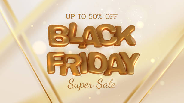 istock Gold diagonal, blurred lines, black friday sale banner background, realistic 3d luxury lettering, up to 50 % off. vector illustration. 1342679250