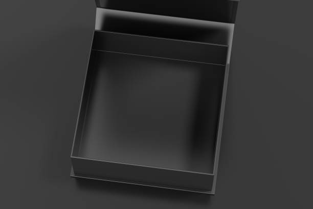 istock Black opened square folding gift box mock up on black background. View above. 1342686958