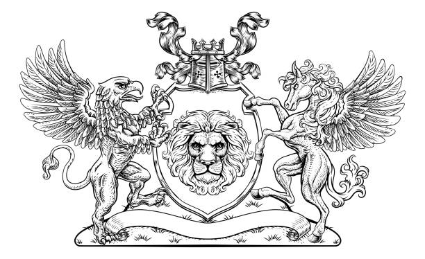 팔 크레스트 그리핀 페가수스 사자 방패의 코트 - shield lion griffin crown stock illustrations