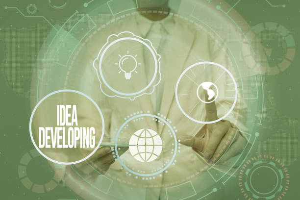 istock Inspiration showing sign Idea Developing. Conceptual photo innovating the concept and bringing the idea to reality Lady In Uniform Holding Tablet In Hand Virtually Tapping Futuristic Tech. 1342693450