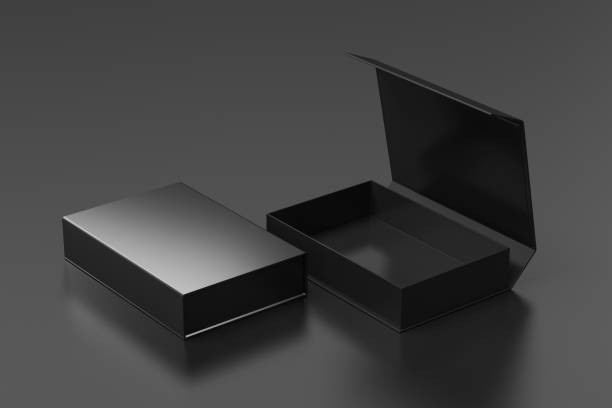 istock Black opened and closed rectangle folding gift box mock up on black background. Side view. 1342694599