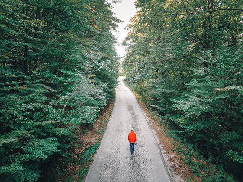 Aerial view, taken by drone, of a man wearing a red jacket walking alone in the middle of a rural country road, surrounded by a lush green forest. Room for copy space.