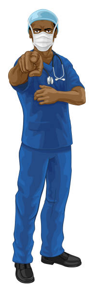 illustrations, cliparts, dessins animés et icônes de infirmière médecin en epi masque pointing besoins de vous - male nurse nurse scrubs white background