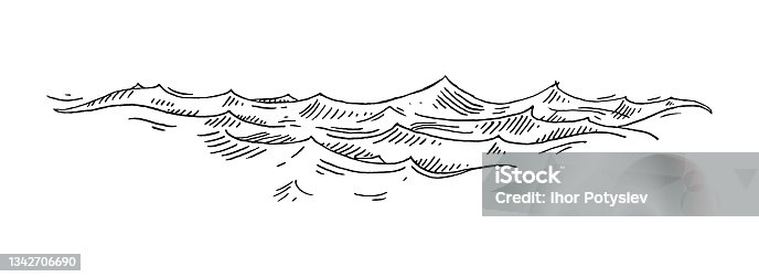 istock Sea waves. Vintage vector engrave black illustration. Isolated on white 1342706690