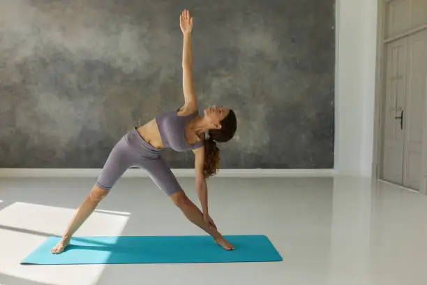 Triangle position or Trikonosana. Indoor image of attractive young lady in elegant tight violet sportswear standing with legs spread bent to left side, placing hand higher up opening chest