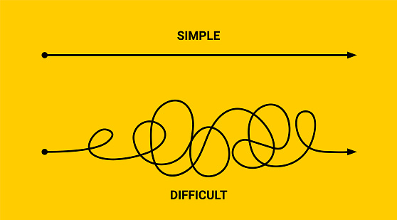 Simple or difficult way path concept. Easy simple difficult complicated problem doodle line vector arrow.
