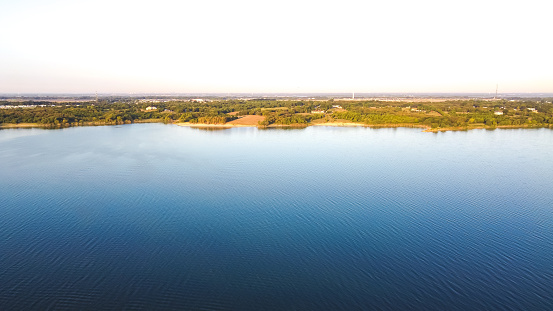 Aerial view Lavon Lake at sunrise from Ticky Creek Park in Princeton, Texas, America. This is a beautiful park on the northern end of Lake Lavon.