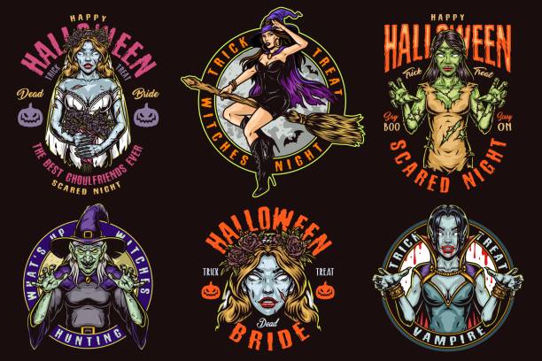 ilustrações de stock, clip art, desenhos animados e ícones de halloween colorful vintage emblems - halloween horror vampire witch