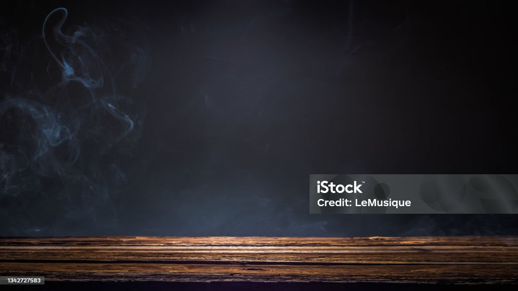 Old wooden platform, podium or table with smoke in the dark Old wooden platform, podium or table with smoke in the dark. Wood - Material Stock Photo