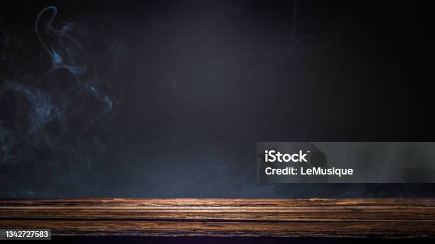 Old Wooden Platform Podium Or Table With Smoke In The Dark Stock Photo - Download Image Now