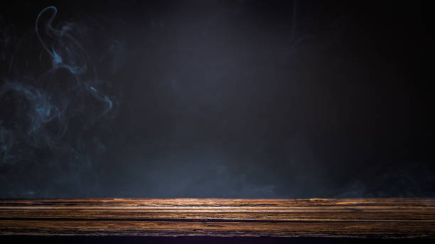 old wooden platform, podium or table with smoke in the dark - wood table imagens e fotografias de stock