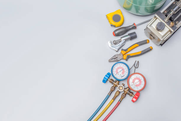 Tools for air conditioning repair and maintenance. stock photo