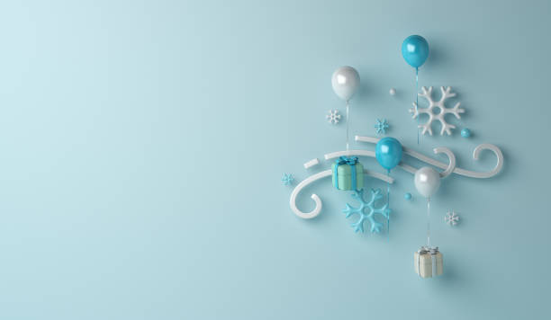 istock Winter decoration background with balloon, snowflakes, gift box, copy space text, 3D rendering illustration 1342732031