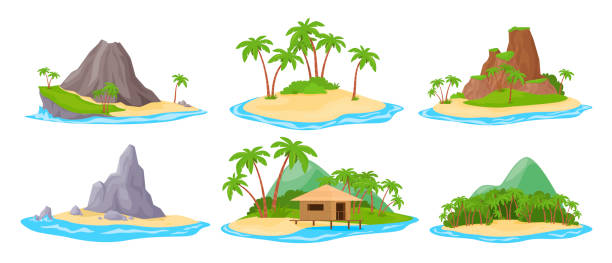 ilustrações de stock, clip art, desenhos animados e ícones de tropical island at sea ocean set vector. exotic landscape for vacation or summer weekend holiday - sea island