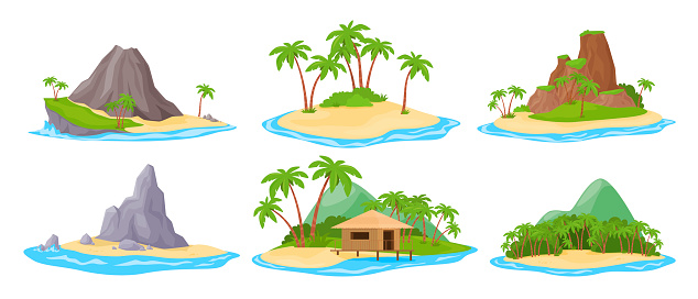 Tropical island at sea ocean set vector flat illustration. Exotic natural landscape for vacation or summer weekend holiday isolated. Palm tree paradise with mountains, cliff and bungalow at rainforest