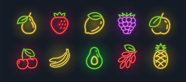 Vector neon fruits isolated linear set. Neon fruits illuminated icons vector art illustration