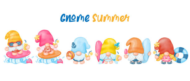 illustrations, cliparts, dessins animés et icônes de summer gnomes clipart, beach gnomes, aquarelle peinture numérique - party hat drink cocktail illustration and painting