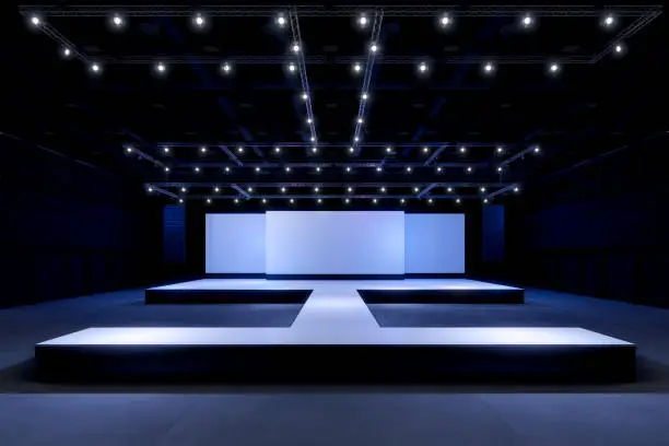 Photo of Empty stage Design for mockup and Corporate identity,Display.Platform elements in hall.Blank screen system for Graphic Resources.Scene event led night light staging,3D render.
