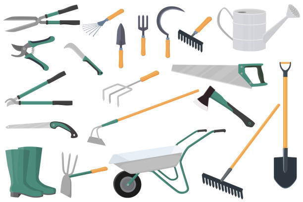 Garden equipment Garden equipment .A set of vector illustrations on the topic of gardening.Shovel, rake,hoe, fork pruners, garden scissors, garden wheelbarrow, watering can, rubber boots, garden hacksaws and garden axe. garden accessories stock illustrations