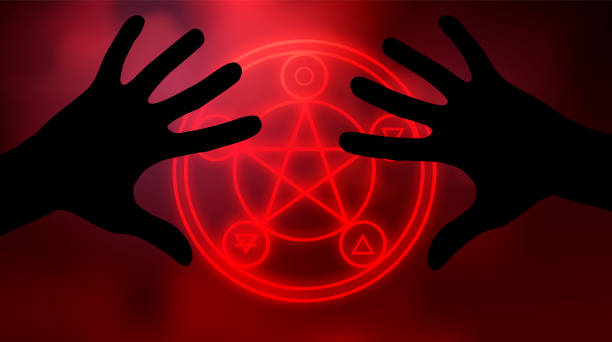 Halloween illustration with pentagram and hands on red background for decoration design Halloween illustration with pentagram and hands on red background for decoration design demon fictional character stock illustrations