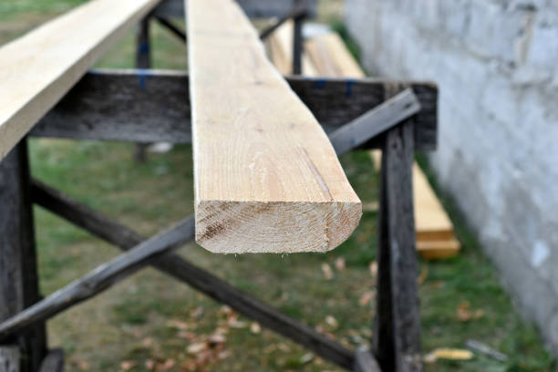 Pine white construction boards at the sawmill