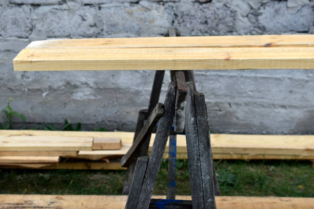 Pine white construction boards at the sawmill