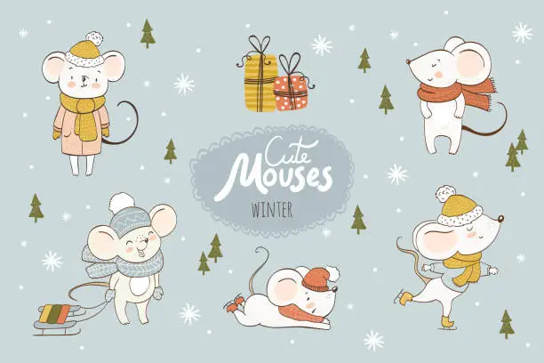 Vector illustration of Cute mouses cartoon collection. Winter animals.