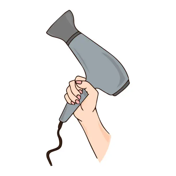 Vector illustration of Hand holds hairdryer concept. Hair dryer vector illustration isolated on white background. Product for Hairstylist Cartoon Realistic. Professional Hairdryer Electronic