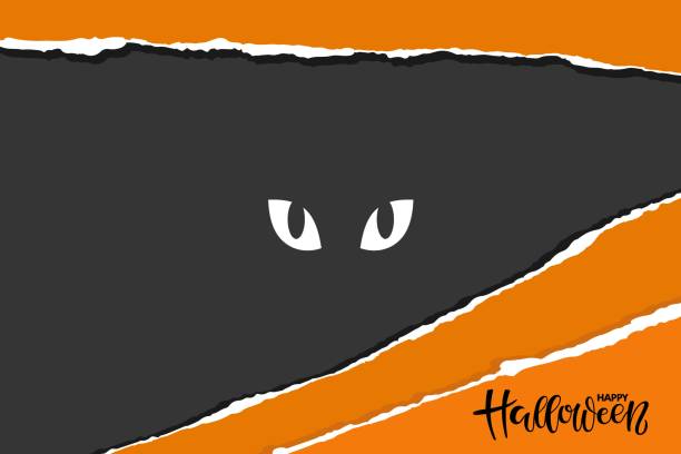 istock Halloween background. White eyes in dark. Hand drawn Happy Halloween lettering, Black orange abstract flat vector Illustration for Festive frame, border, party poster, banner, card. 1342796520