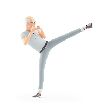 3d senior man karate kick, illustration isolated on white background
