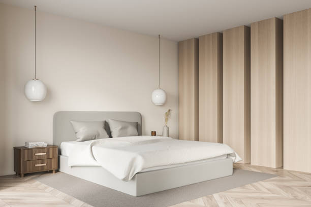 istock Bright bedroom interior with large bed, closet and wardrobe 1342800933