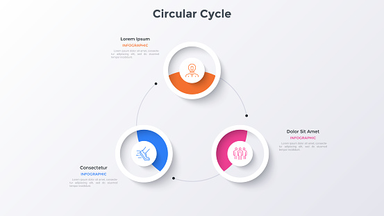 Ring-like cyclic chart with 3 paper white round elements. Concept of three steps of business cycle. Modern infographic design template. Simple vector illustration for business information analysis.