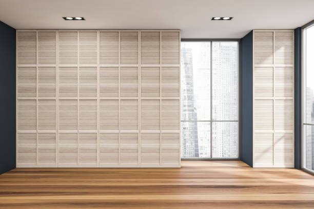 istock Modern empty wooden bedroom interior with sliding door wardrobes 1342801301