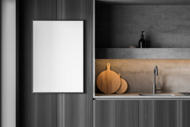 istock Banner on the dark wooden cabinet with light grey kitchen niche 1342803487