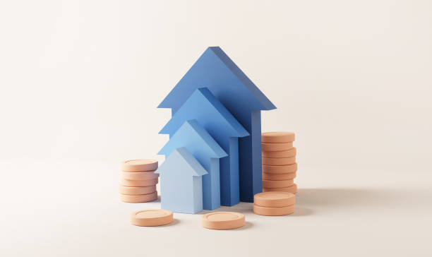 blue up arrow and coin stacks on pastel background. financial success and growth concept. - house currency investment residential structure imagens e fotografias de stock