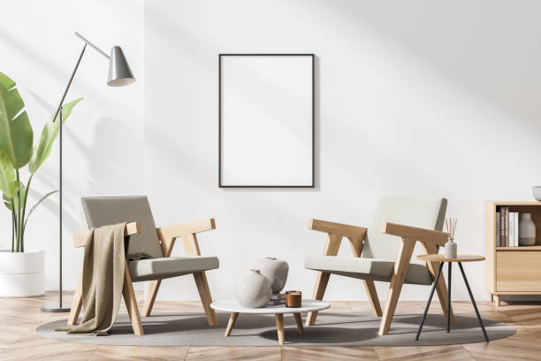 istock Living room interior with white empty poster, comfortable armchair 1342805101