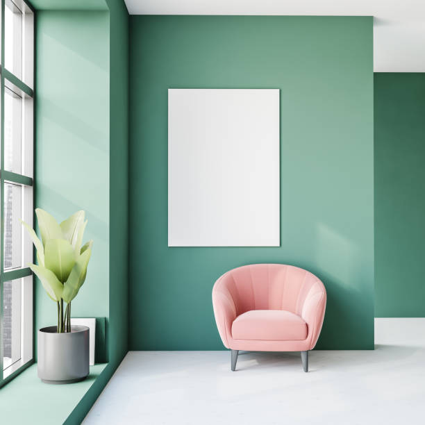 istock Waiting room interior with white empty posters on green wall 1342805636