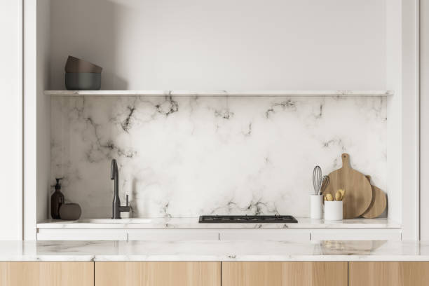 istock Closeup kitchen cooking area with marble splashback 1342806215