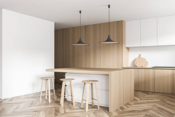 istock Corner of the wooden kitchen space with empty white wall partition 1342806272