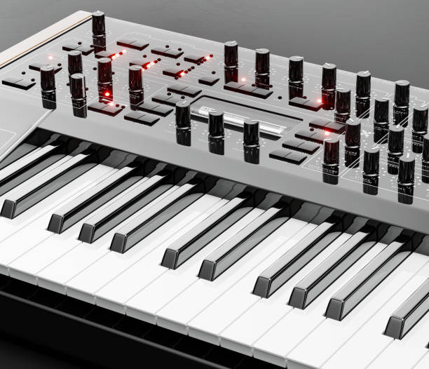 istock Music instriument, Synthesizer, electronic keyboard on the floor in a dark studio, 3d rendering 1342807480