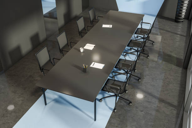 istock Office room interior with large table and eight armchairs 1342807506