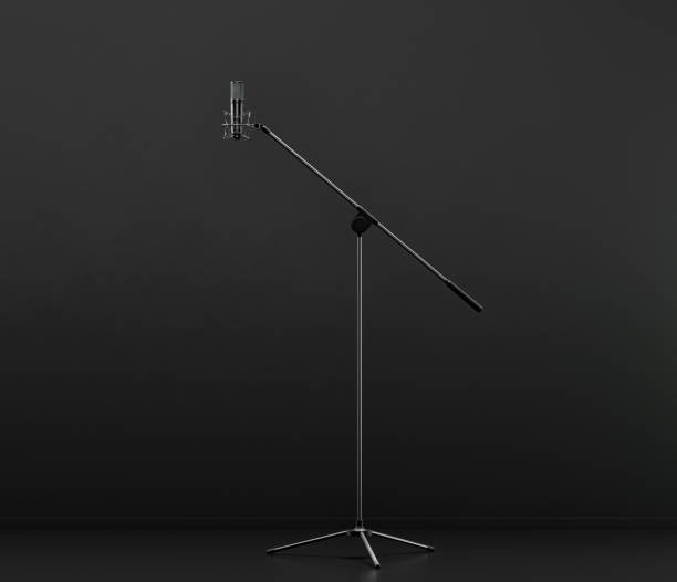 istock Music instriument, professional pedestal microphone in a dark studio, 3d rendering 1342807507