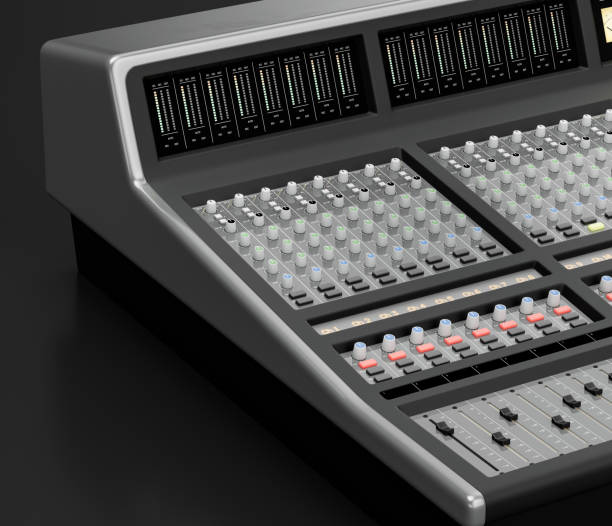 istock Music instriument, audio sound mixer, synthesizer in a dark studio, 3d rendering 1342807562