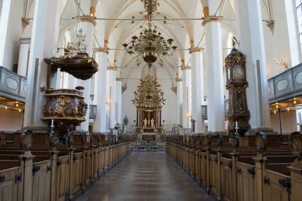 Interior of the Evangelical Lutheran church, Trinitatis church, historic building from 17th century in the central Copenhagen, Denmark