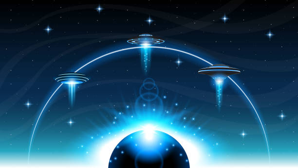 istock Abstract Aliens On Flying Saucers In Dark Space Planet Stars Background Gradient Unidentified Flying Object Ufo Stars Vector Design Style 1342810524